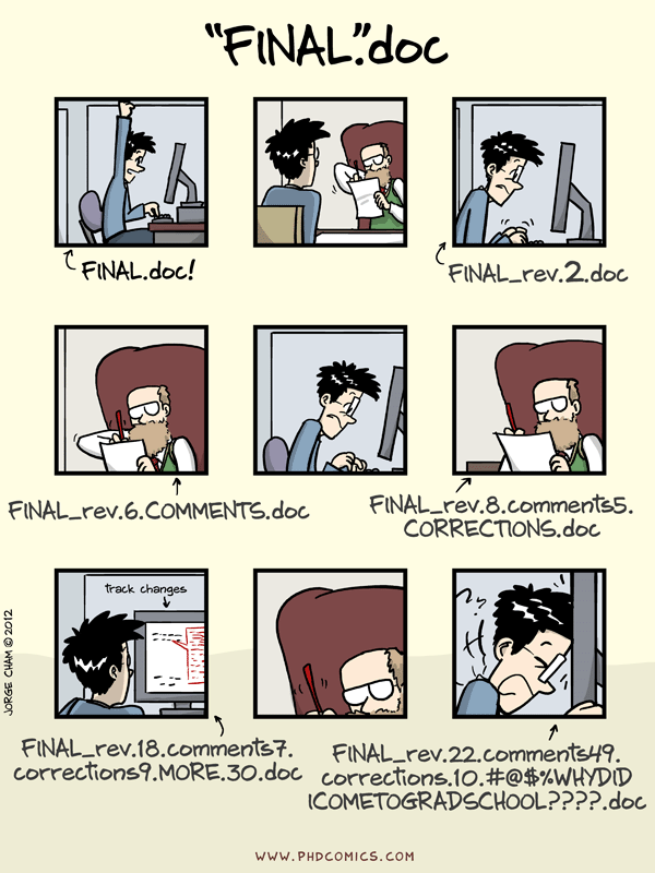 Versiones de un artículo de investigación. Los nombres de archivo y los cambios rastreados a mano se vuelven un desorden. De PhD Comics.